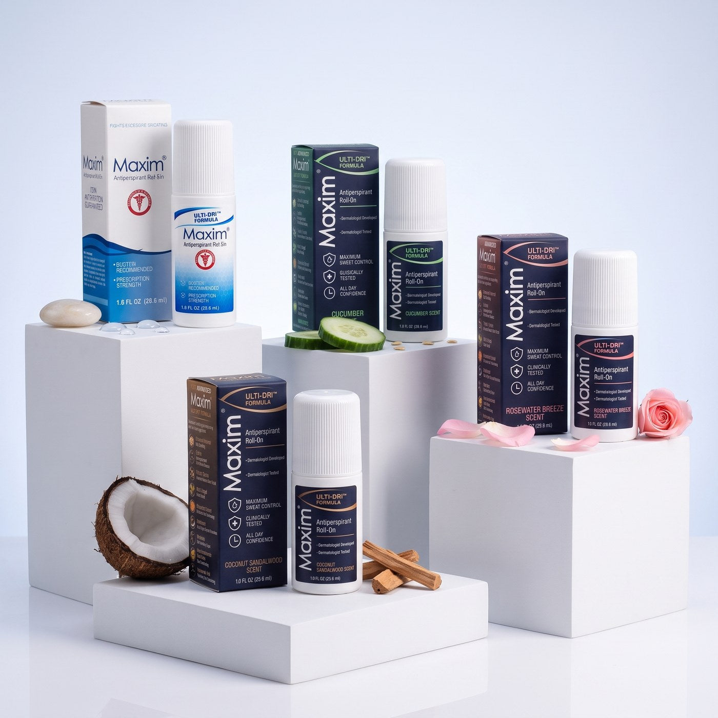The full Maxim antiperspirant lineup across 12 scents, including unscented, Cucumber, Rosewater Breeze, and Coconut Sandalwood