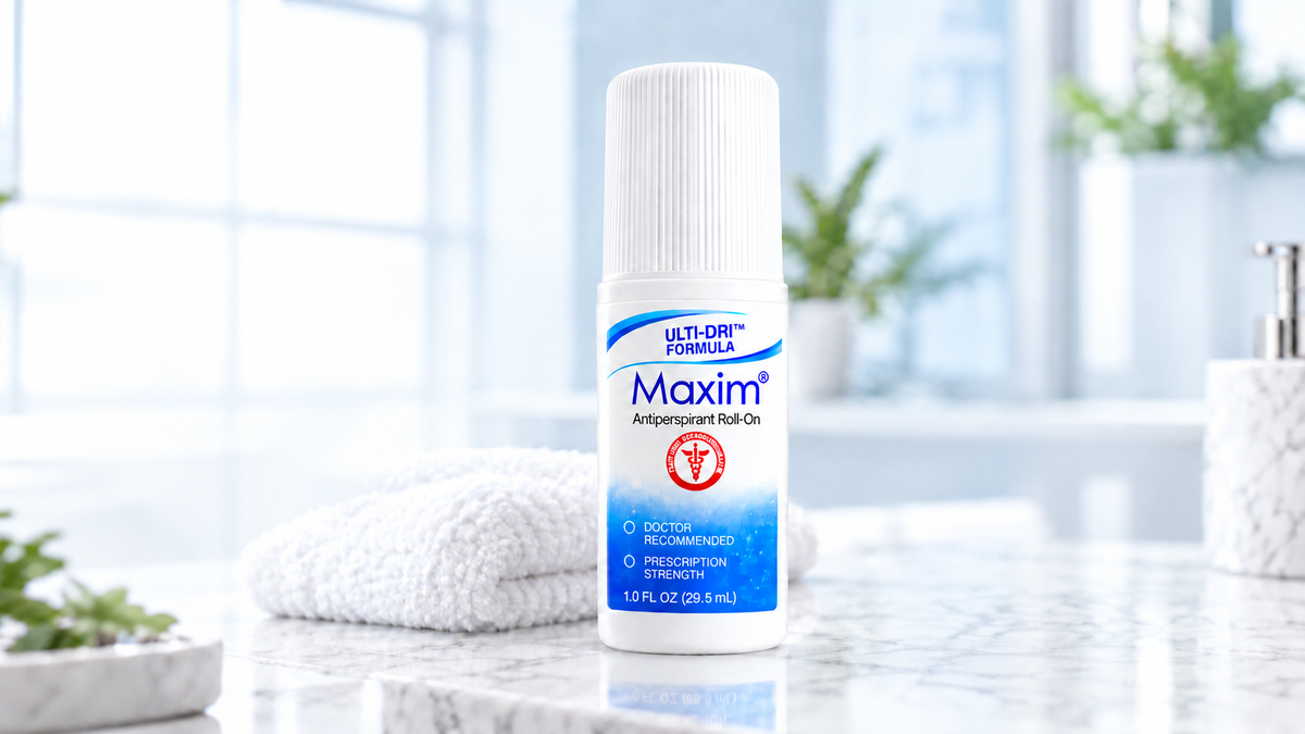 Maxim Antiperspirant Roll-On bottle on a bathroom counter