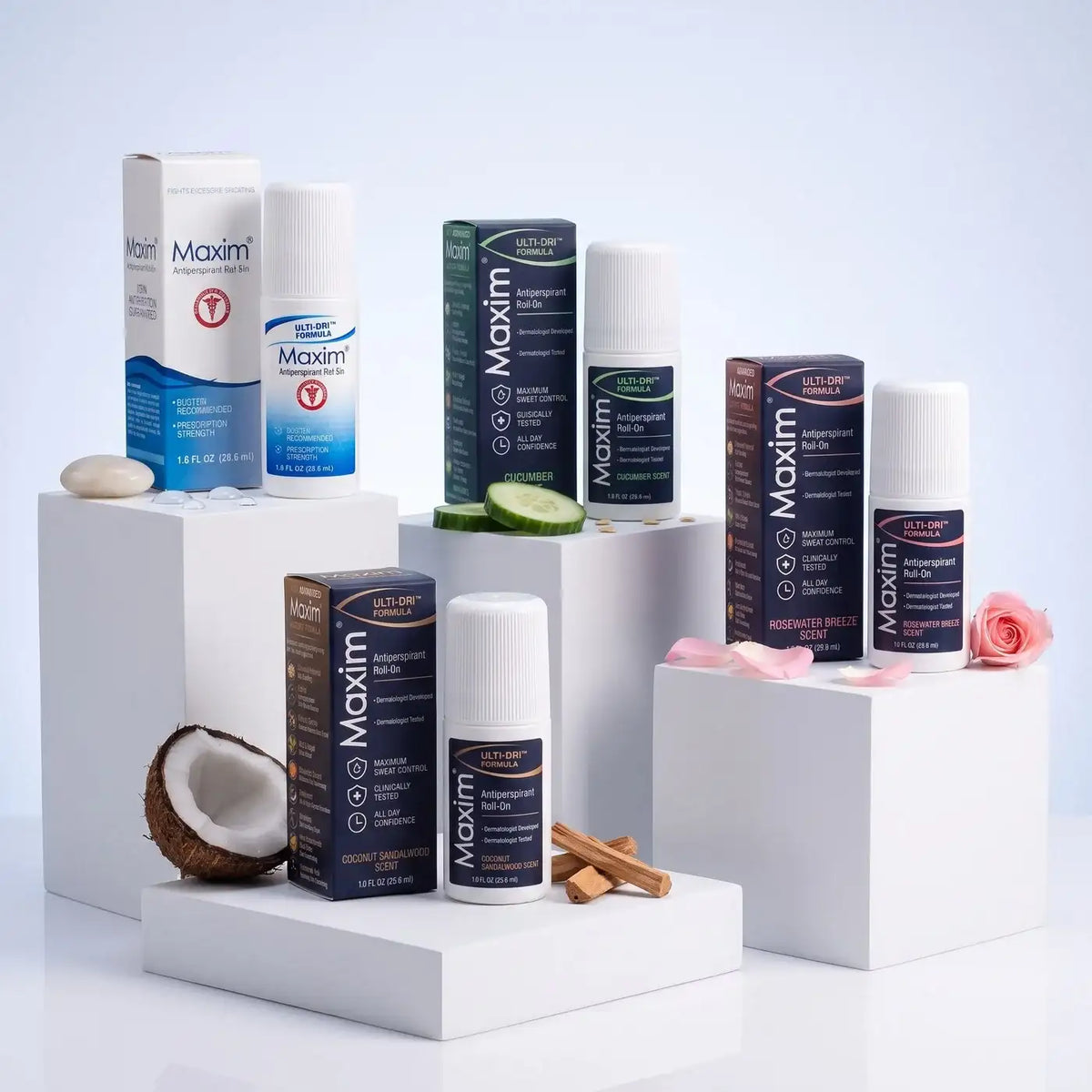 The full Maxim antiperspirant lineup across 12 scents, including unscented, Cucumber, Rosewater Breeze, and Coconut Sandalwood