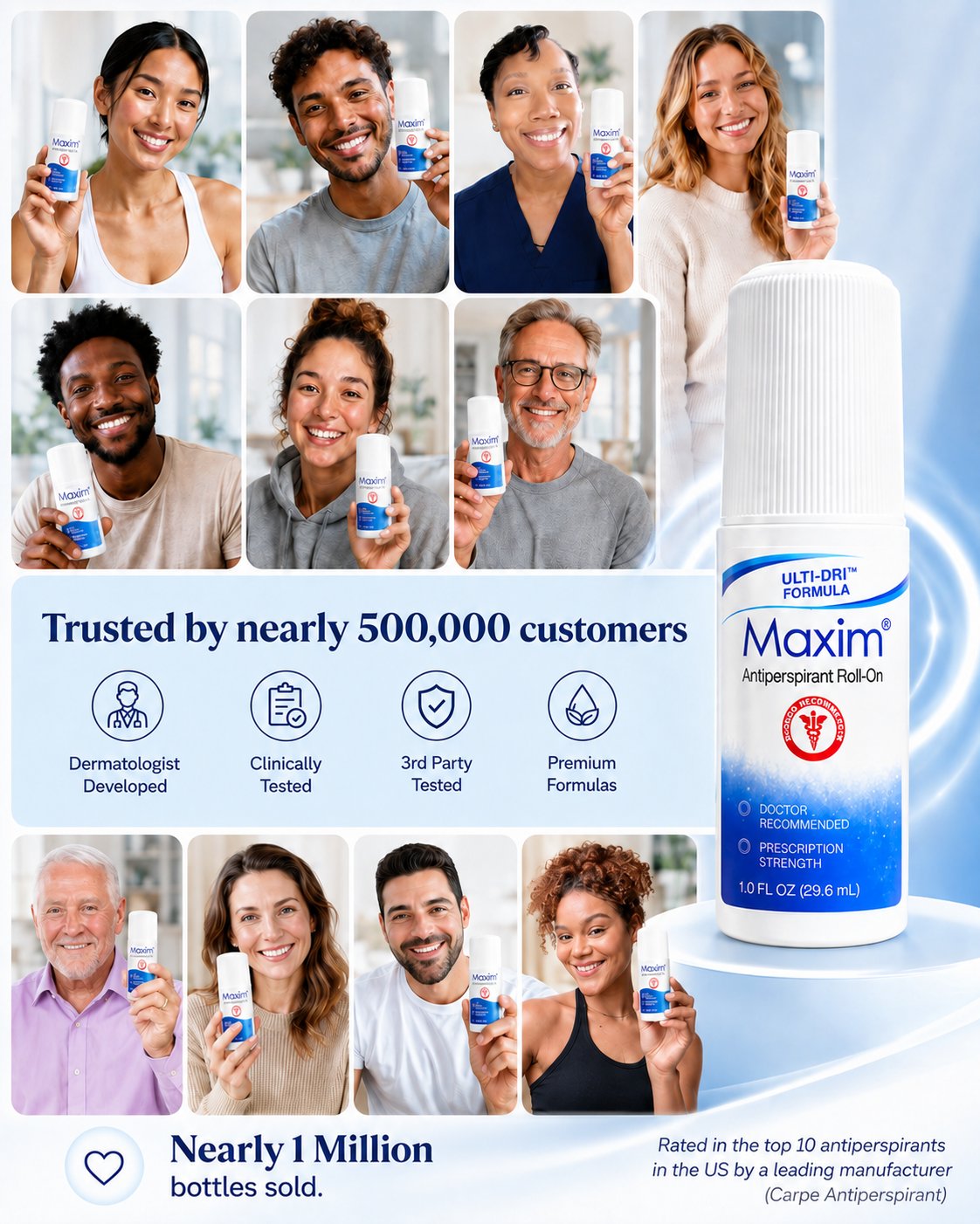 Collage of real Maxim customers holding the product, trusted by nearly 500,000 customers