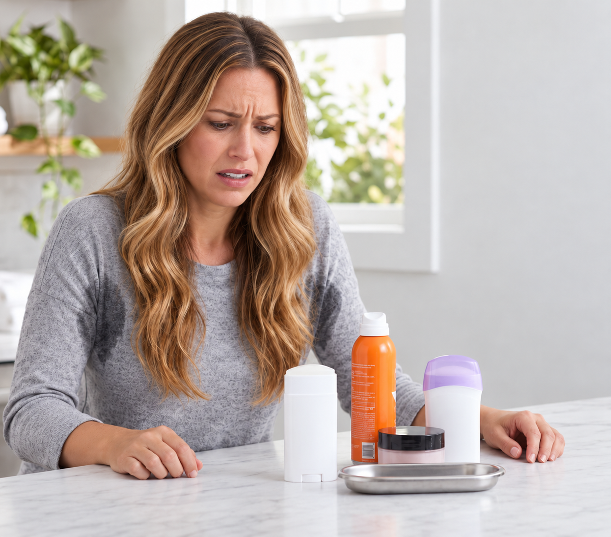 Woman looking frustrated at a counter with deodorant sticks, a spray, and a jar
