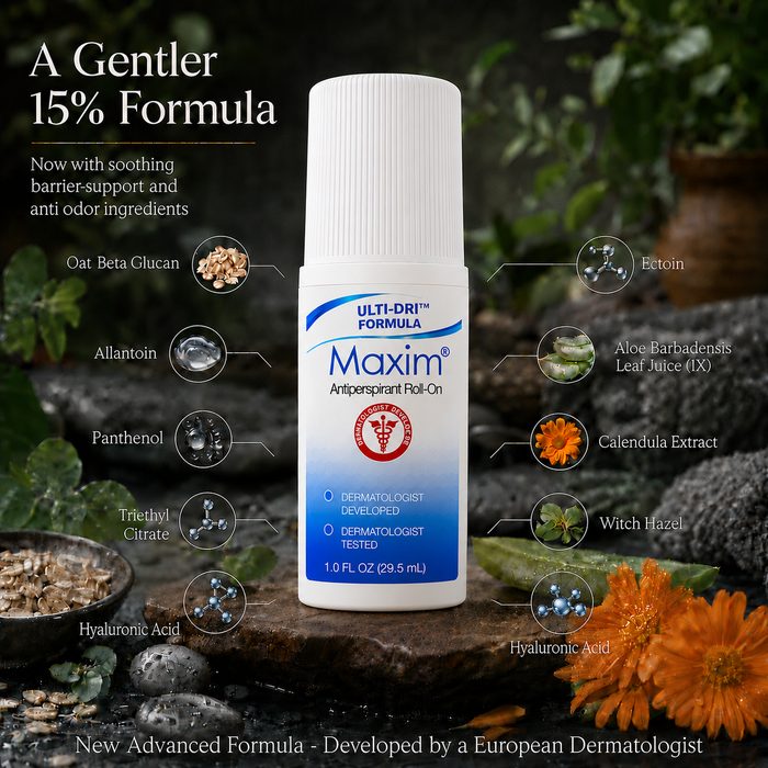 Maxim antiperspirant formula with nine skin-supporting ingredients